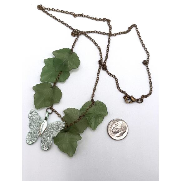 Handmade Butterfly Necklace with Green Leaf Accents Stainless Steel 24" - Picture 3 of 3